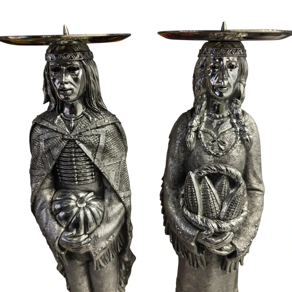 Vintage Silver Metal Indigenous Figures Candle Holders Pair‎ Man Woman 13